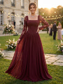 Chiffon A Line Square Neck Long Sleeves Long Prom Dresses with Lace Appliques