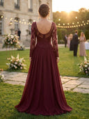 Chiffon A Line Square Neck Long Sleeves Long Prom Dresses with Lace Appliques