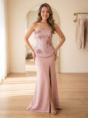 Satin Mermaid Strapless Sleeveless Long Prom Dresses with Flower