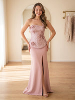 Satin Mermaid Strapless Sleeveless Long Prom Dresses with Flower