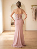 Satin Mermaid Strapless Sleeveless Long Prom Dresses with Flower