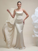 Satin Mermaid Strapless Sleeveless Long Prom Dresses with Pleats