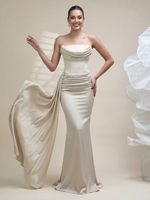 Satin Mermaid Strapless Sleeveless Long Prom Dresses with Pleats