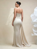Satin Mermaid Strapless Sleeveless Long Prom Dresses with Pleats