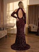 Sequin Mermaid Halter Long Sleeves Long Prom Dresses with Slit