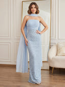 Sequin Mermaid Strapless Sleeveless Long Prom Dresses with Scarf