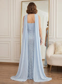 Sequin Mermaid Strapless Sleeveless Long Prom Dresses with Scarf
