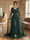 Sequin A Line Long Sleeves Long Prom Dresses with Empire Waist