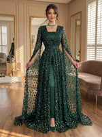 Sequin A Line Long Sleeves Long Prom Dresses with Empire Waist