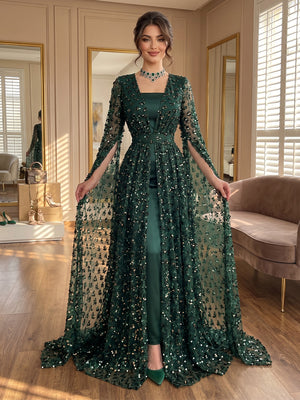 Sequin A Line Long Sleeves Long Prom Dresses with Empire Waist
