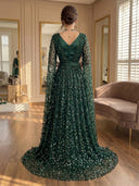 Sequin A Line Long Sleeves Long Prom Dresses with Empire Waist