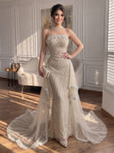 Tulle Mermaid Strapless Sleeveless Long Prom Dresses with Beads