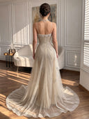Tulle Mermaid Strapless Sleeveless Long Prom Dresses with Beads