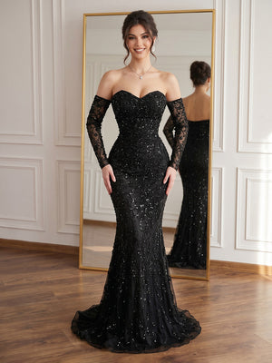 Sequin Mermaid Sweetheart Long Sleeves Long Prom Dresses with Ball Gown