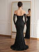 Sequin Mermaid Sweetheart Long Sleeves Long Prom Dresses with Ball Gown
