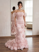 Satin Mermaid Off Shoulder Long Prom Dresses with Flowers