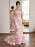 Satin Mermaid Off Shoulder Long Prom Dresses with Flowers