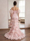 Satin Mermaid Off Shoulder Long Prom Dresses with Flowers