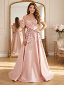 Satin A Line Off Shoulder Long Prom Dresses with Beads