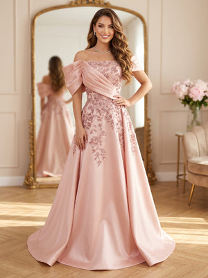 Satin A Line Off Shoulder Long Prom Dresses with Beads