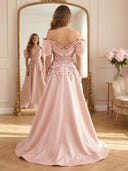 Satin A Line Off Shoulder Long Prom Dresses with Beads