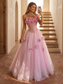 Sparkly Tulle A Line Strapless Long Prom Dresses with 3D Flower