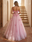 Sparkly Tulle A Line Strapless Long Prom Dresses with 3D Flower