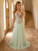 Chiffon A Line Strapless Long Prom Dresses with Embroidery