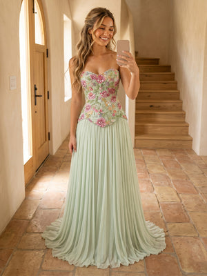 Chiffon A Line Strapless Long Prom Dresses with Embroidery