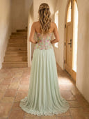 Chiffon A Line Strapless Long Prom Dresses with Embroidery