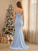 Satin Mermaid Strapless Sleeveless Long Prom Dresses with Lace