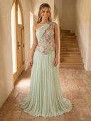 Chiffon A Line One Shoulder Sleeveless Long Prom Dresses with Embroidery