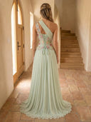 Chiffon A Line One Shoulder Sleeveless Long Prom Dresses with Embroidery