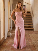 Lace Mermaid Strapless Sleeveless Long Prom Dresses with Slit