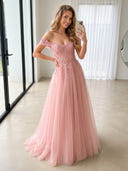 Sparkly Tulle A Line Off Shoulder Long Prom Dresses with Lace Appliques