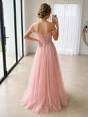 Sparkly Tulle A Line Off Shoulder Long Prom Dresses with Lace Appliques