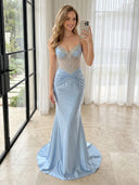 Satin Mermaid V Neck Spaghetti Straps Long Prom Dresses with Beads