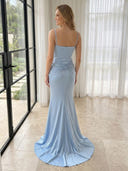 Satin Mermaid V Neck Spaghetti Straps Long Prom Dresses with Beads