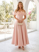 Satin A Line Off Shoulder Long Prom Dresses with Corset