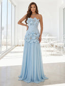 Chiffon A Line Strapless Long Prom Dresses with 3D Flower
