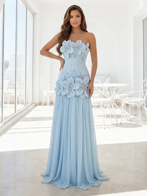 Chiffon A Line Strapless Long Prom Dresses with 3D Flower