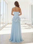 Chiffon A Line Strapless Long Prom Dresses with 3D Flower