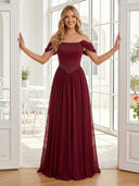 Chiffon A Line Off Shoulder Long Prom Dresses with Beads