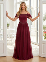 Chiffon A Line Off Shoulder Long Prom Dresses with Beads