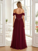 Chiffon A Line Off Shoulder Long Prom Dresses with Beads