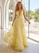 Tulle A Line V Neck Sleeveless Long Prom Dresses with 3D Flower