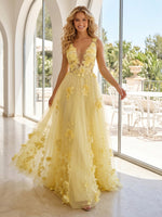 Tulle A Line V Neck Sleeveless Long Prom Dresses with 3D Flower