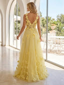 Tulle A Line V Neck Sleeveless Long Prom Dresses with 3D Flower