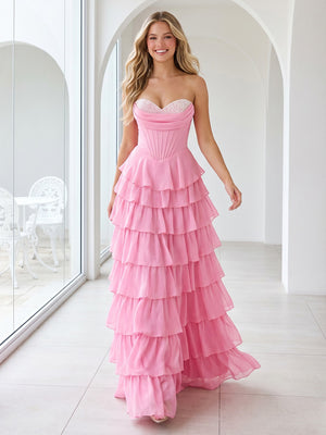 Chiffon A Line Strapless Sleeveless Long Prom Dresses with Tiered