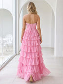 Chiffon A Line Strapless Sleeveless Long Prom Dresses with Tiered